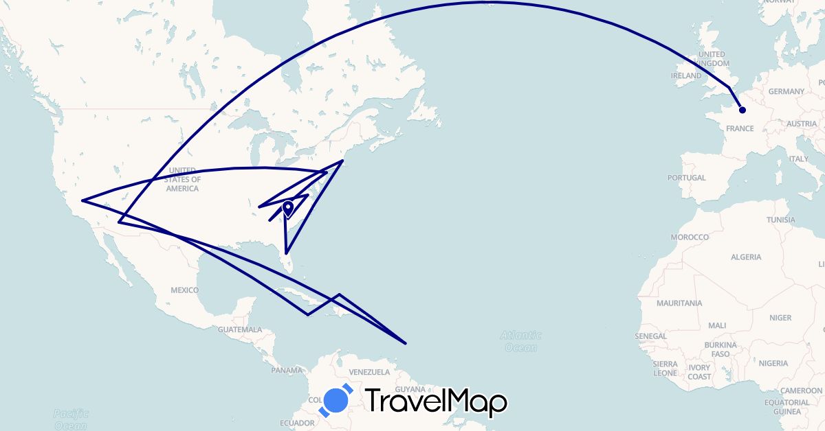 TravelMap itinerary: driving in Barbados, France, United Kingdom, Jamaica, Turks and Caicos Islands, United States (Europe, North America)